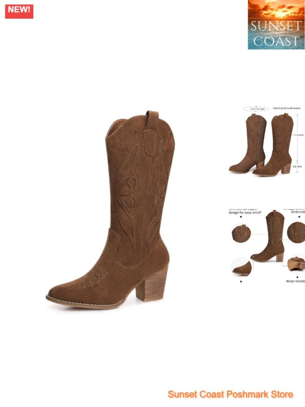Suede Mid Calf Cowboy Boots Pointed Toe Heeled Western Women